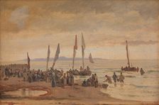 Returning fishermen are received at Hornbæk Strand, 1848-1891. Creator: Carl Neumann