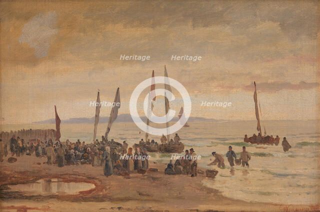 Returning fishermen are received at Hornbæk Strand, 1848-1891. Creator: Carl Neumann.