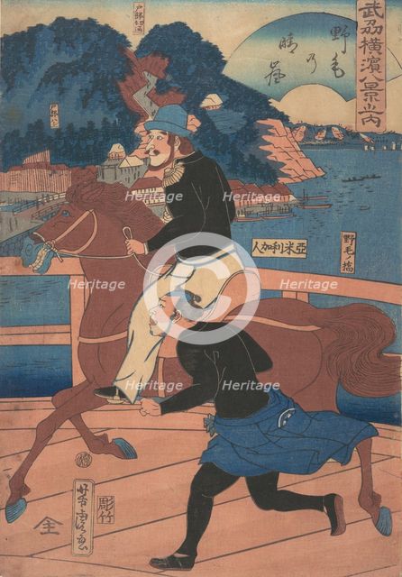 Returning Sails at Nogei [American couple riding over the Nogei Bridge], 1st month, 1861. Creator: Utagawa Yoshitora.