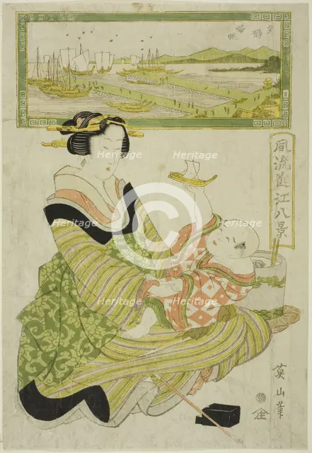 Returning Sails at Yabase (Yabase kihan), from the series "Fashionable Eight Views of..., c.1814/17. Creator: Kikukawa Eizan.