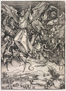 Revelation of St. John: St. Michael fighting the Dragon, 1511. Creator: Albrecht Dürer (German, 1471-1528)