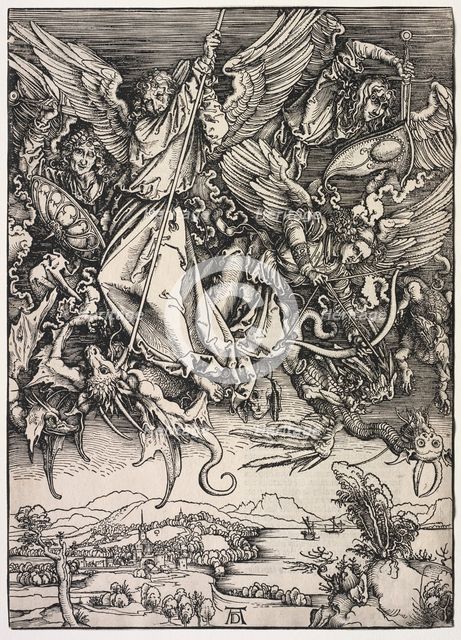 Revelation of St. John: St. Michael fighting the Dragon, 1511. Creator: Albrecht Dürer (German, 1471-1528).