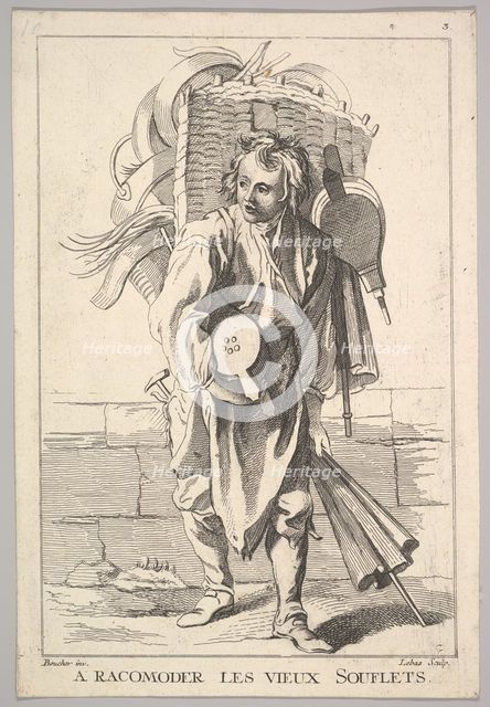Reverse copy of A Racomoder les Vieux Souflets (Mend the Old Bellows), from Le Cri..., 18th century. Creator: Jacques Philippe Le Bas.