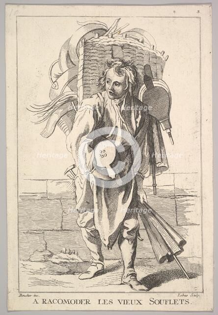 Reverse copy of A Racomoder les Vieux Souflets (Mend the Old Bellows), from Le Cri..., 18th century. Creator: Jacques Philippe Le Bas.