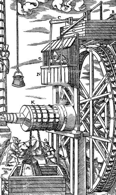 Reversible hoist for raising leather buckets from a mine shaft, 1556. Artist: Unknown