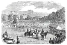Review of Derbyshire Rifle Volunteers at Chatsworth Park - from a drawing by T. Walton, 1860. Creator: Unknown