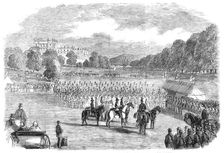 Review of Derbyshire Rifle Volunteers at Chatsworth Park - from a drawing by T. Walton, 1860. Creator: Unknown