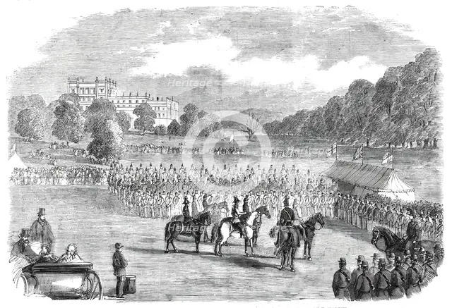 Review of Derbyshire Rifle Volunteers at Chatsworth Park - from a drawing by T. Walton, 1860. Creator: Unknown.