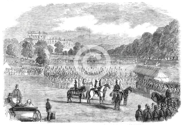 Review of Derbyshire Rifle Volunteers at Chatsworth Park - from a drawing by T. Walton, 1860. Creator: Unknown.