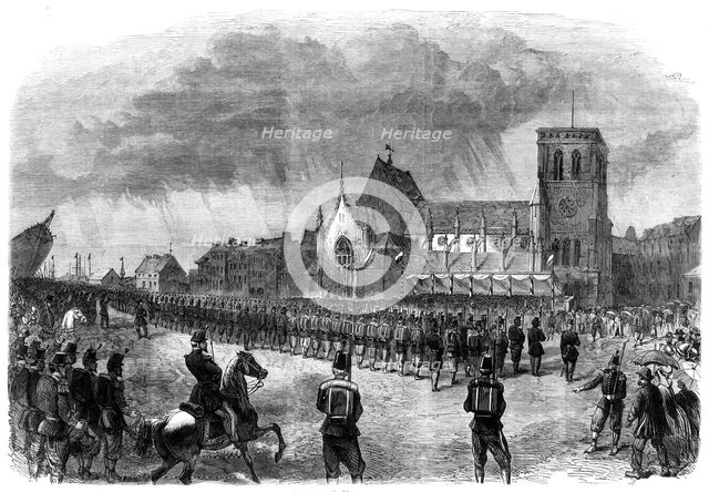 Review of French troops on the Place Napoleon at Cherbourg, 1865. Creator: Unknown.