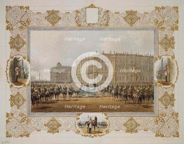 Review of the Horse-Guardsmen Regiment in Front of the Winter Palace, 1850s. Artist: Sadovnikov, Vasily Semyonovich (1800-1879)