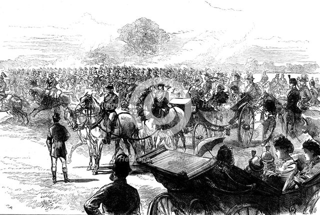 Review of the Household Brigade by the Queen, in Bushey Park, 1871. Creator: Unknown.