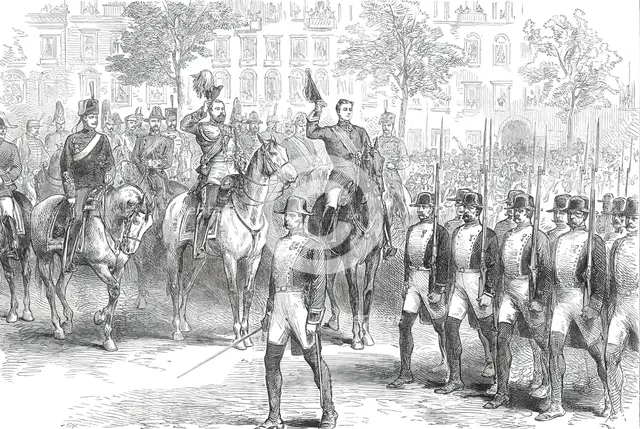 Review at Madrid before the Prince of Wales and the King of Spain: the Guardia Civile...1876. Creator: Unknown.