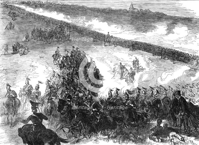 Review and Sham Fight of the Dover and Shorncliffe Garrisons at Round Down, Folkestone, 1865. Creator: Unknown.