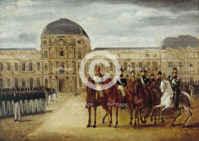 Review passing in front of Tuileries Palace, around 1820. Creator: Unknown.