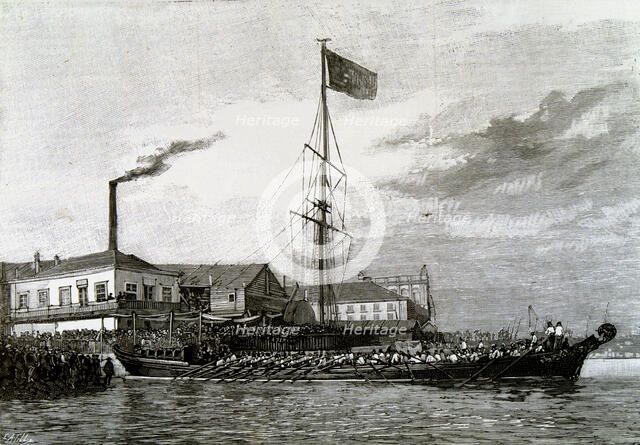 Revolution of 1889, arrival of the dethroned king Don Pedro de Lisboa, engraving in l'Illustration.