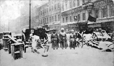 Revolutionary barricades on Liteyny Prospekt, Petrograd, Russia, 27 February 1917. Artist: Anon
