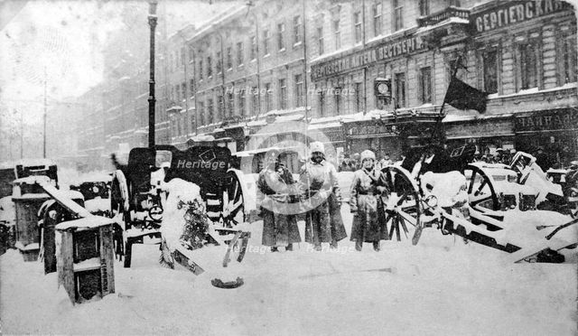 Revolutionary barricades on Liteyny Prospekt, Petrograd, Russia, 27 February 1917. Artist: Anon