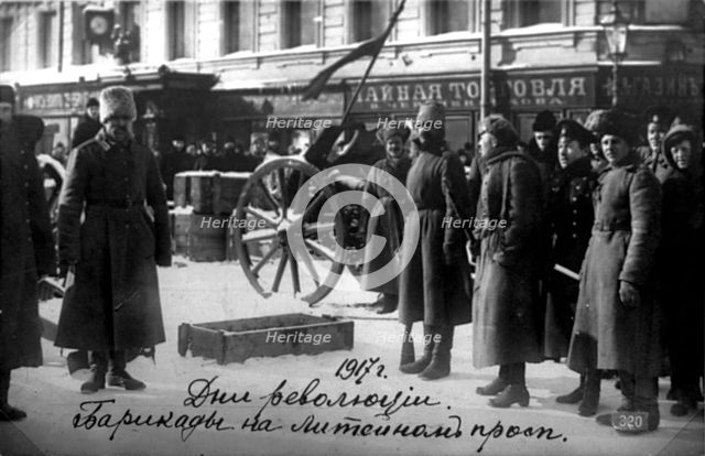 Revolutionary barricades on Liteyny Prospekt, Petrograd, Russia, 27 February 1917. Artist: Anon