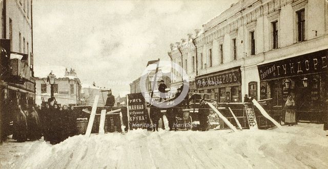 Revolutionary barricades on Seleznevskaya Street, Moscow, Russia, during the uprising in 1905. Artist: Unknown
