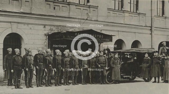 Revolutionary soldiers guarding the Petrograd State Bank , 1918. Creator: Anonymous.