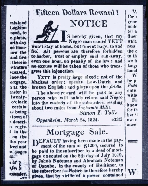 Reward notice for bilingual runaway slave, Oppenheim, New York, 1824. Creator: Unknown.