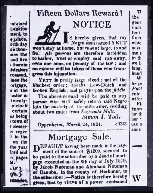 Reward notice for bilingual runaway slave, Oppenheim, New York, 1824. Creator: Unknown.