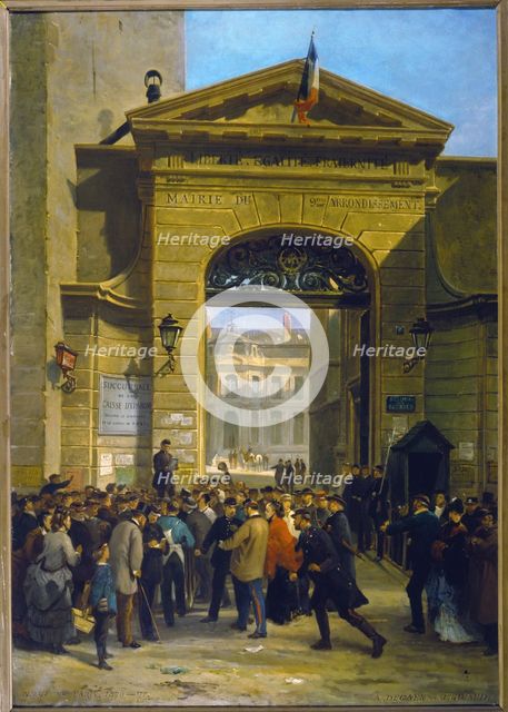 Reading a dispatch at the Town Hall in the 9th arrondissement, 6, rue Drouot (Jan 19, 1871)
, 1871. Creators: Alfred Decaen, Jacques Guiaud.