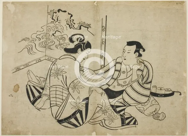 Reading a Letter in Front of a Screen, from an untitled series of 12 prints, c. 1710. Creator: Torii Kiyonobu I.