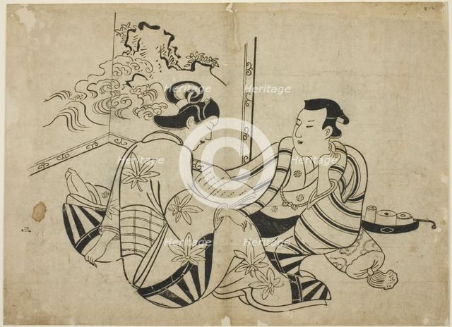 Reading a Letter in Front of a Screen, from an untitled series of 12 prints, c. 1710. Creator: Torii Kiyonobu I.