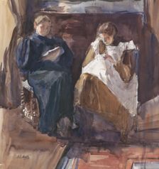 Reading lady and embroidering girl, seen from the front, in the house at Riouwstraat 6..., 1872-1950 Creator: Barbara Elisabeth van Houten