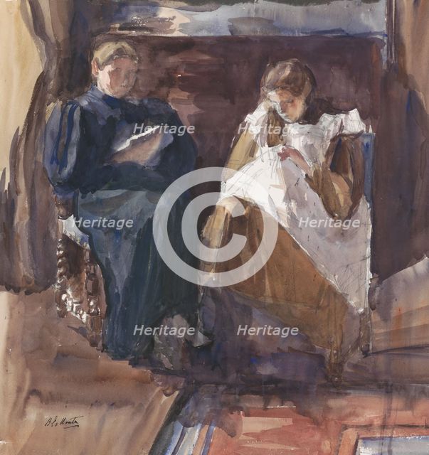 Reading lady and embroidering girl, seen from the front, in the house at Riouwstraat 6..., 1872-1950 Creator: Barbara Elisabeth van Houten.