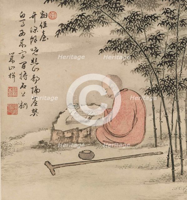 Reading monk in a bamboo forest.