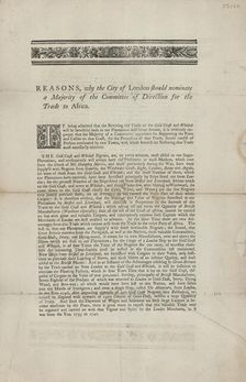 Reasons, why the City of London should nominate a majority of the committee of direction..., 1746. Creator: Unknown