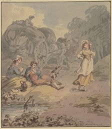 Reaper and reaper resting by a harvest wagon, in front of them a young girl dancing..., c1790s. Creator: Franz Joseph Manskirsch