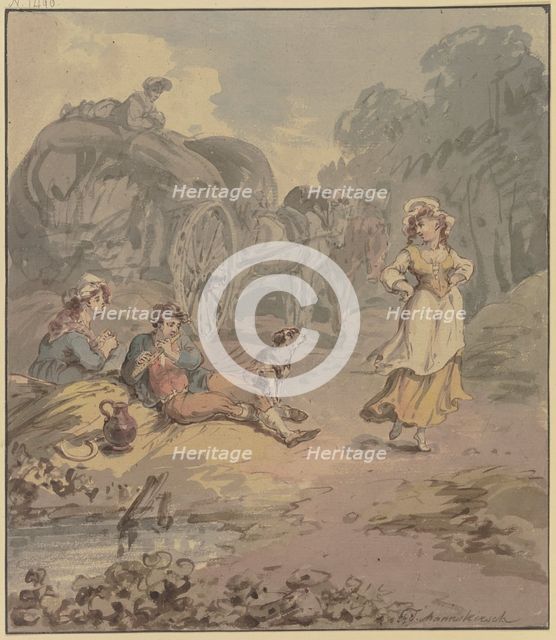 Reaper and reaper resting by a harvest wagon, in front of them a young girl dancing..., c1790s. Creator: Franz Joseph Manskirsch.
