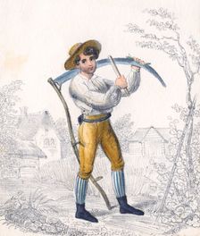 Reaper/haymaker sharpening his scythe with a whetstone, 19th century. Creator: Unknown