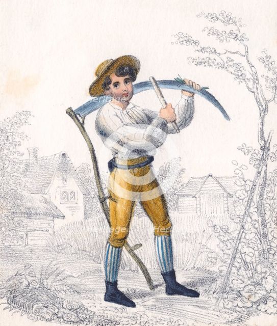 Reaper/haymaker sharpening his scythe with a whetstone, 19th century. Creator: Unknown.