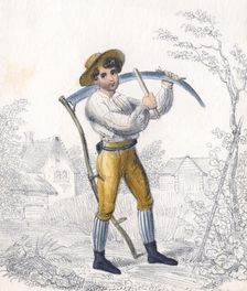 Reaper/haymaker sharpening his scythe with a whetstone, 19th century