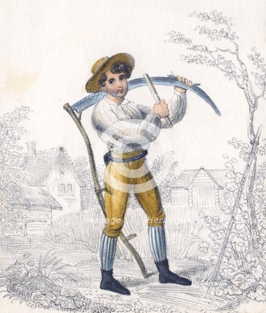 Reaper/haymaker sharpening his scythe with a whetstone, 19th century. Artist: Unknown