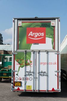 Rear of Argos lorry showing safety pictograms 2016. Creator: Unknown