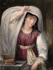 Rebecca admires the clothes and jewellery given to her by Abraham's servant, 1824. Creator: Juliana Howard