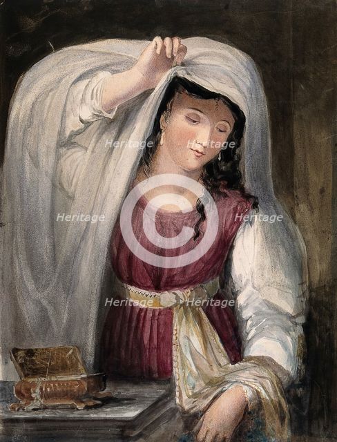 Rebecca admires the clothes and jewellery given to her by Abraham's servant, 1824. Creator: Juliana Howard.