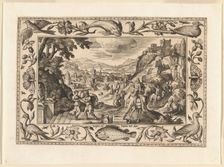 Rebecca and Eliezer at the Well, from Landscapes with Old and New Testament Scenes and..., 1584. Creator: Adriaen Collaert