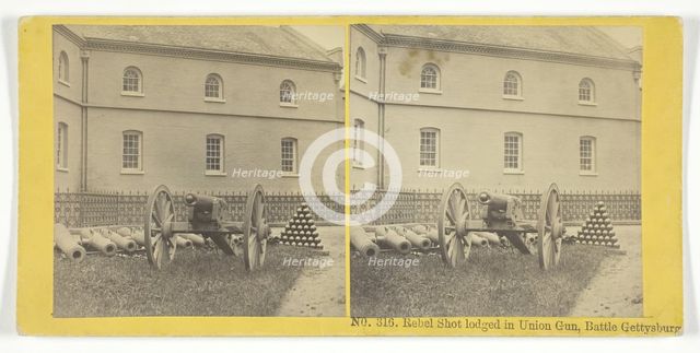 Rebel Shot lodged in Union Gun, Battle Gettysburg, 1855/75. Creators: Kilburn Brothers, BW Kilburn.