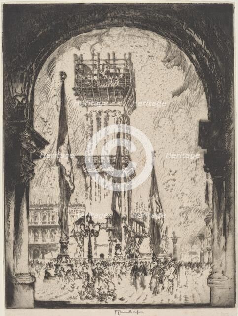 Rebuilding the Campanile, Venice, No.I, 1911. Creator: Joseph Pennell.