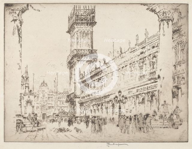 Rebuilding the Campanile, Venice, No.II, 1911. Creator: Joseph Pennell.