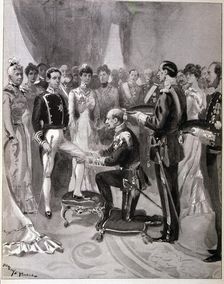 Receiving the Order of the Garter from the hands of the Duke of Connaught Alfonso XIII, King of…