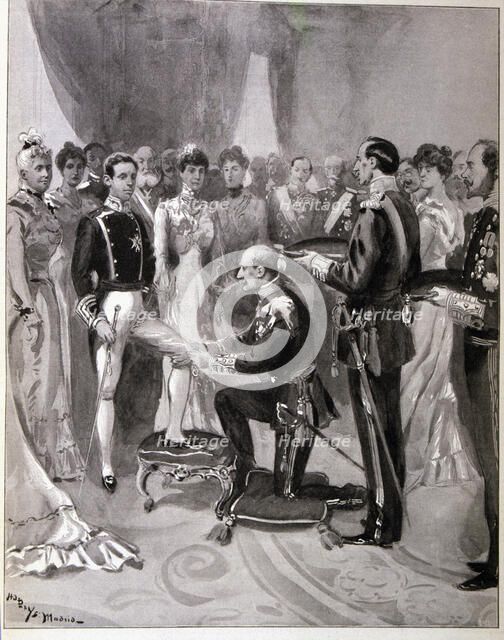 Receiving the Order of the Garter from the hands of the Duke of Connaught', Alfonso XIII, King of…