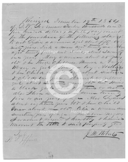 Receipt for $12,500 for slave purchase, 1854-12-19. Creator: Unknown.